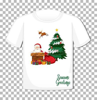 Santa Claus with many gifts in Christmas theme on t-shirt on transparent background