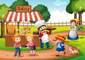 Front of bakery shop with baker in the park scene vector