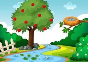 Stream in the forest scene with apple tree vector