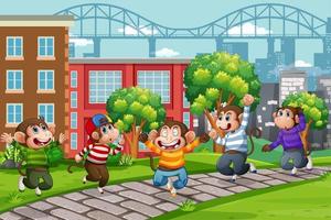 Five little monkeys jumping in the city scene vector