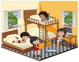 Kids in the bedroom in yellow theme scene on white background vector