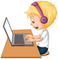 Side view of a boy with laptop on the table on white background vector