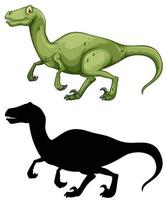 Conjunto de personaje de dibujos animados de dinosaurios y su silueta sobre fondo blanco. vector