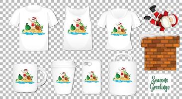 Santa claus bailando personaje de dibujos animados con un conjunto de diferentes productos de ropa y accesorios sobre fondo transparente vector