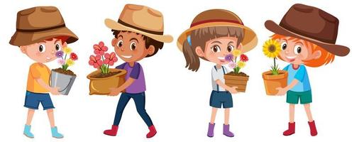 Boy and girl holding flower in pot cartoon character isolated on white background