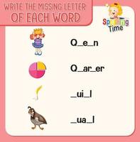 Write the missing letter of each word worksheet for children vector