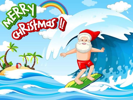 Santa Claus surfing at the beach for summer christmas