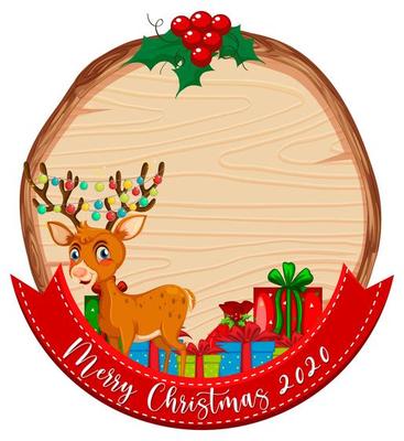 Blank wooden board with Merry Christmas 2020 font logo and reindeer