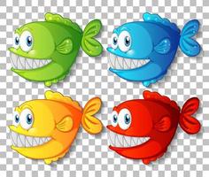 Conjunto de personaje de dibujos animados de peces exóticos de diferentes colores sobre fondo transparente vector