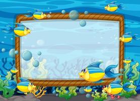 Plantilla de marco en blanco con personaje de dibujos animados de peces exóticos en la escena submarina vector