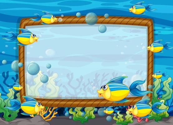 Blank frame template with exotic fishes cartoon character in the underwater scene