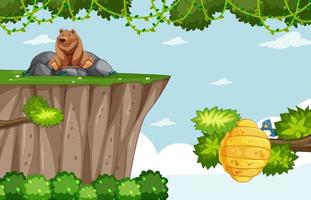 Game template with grizzly bear and bee hive on forest background vector