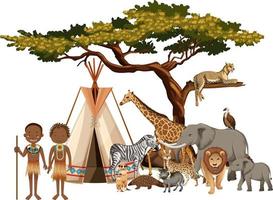 Tribu africana con grupo de animales salvajes africanos sobre fondo blanco. vector