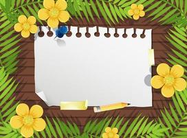 Top view of blank paper on table with leaves and yellow flower elements vector