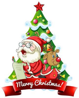 Merry Christmas 2020 font banner with Santa Claus and cute reindeer on white background