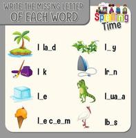 Write the missing letter of each word worksheet for children vector