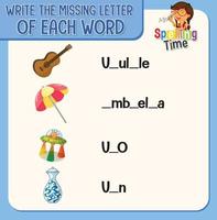 Write the missing letter of each word worksheet for children vector