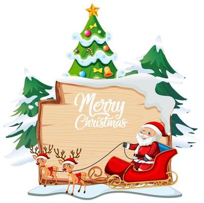 Merry Christmas font logo on wooden board with Christmas cartoon character on white background