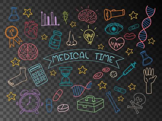 Set of medical element doodle isolated on transparent background