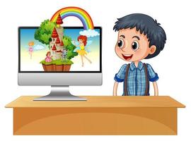 Happy boy next to computer with fairy in desktop screen vector