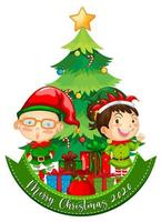 Feliz Navidad 2020 banner de fuente con lindo elfo y muchos regalos sobre fondo blanco. vector