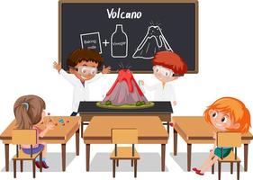 Young students doing volcano experiment in the classroom scene vector