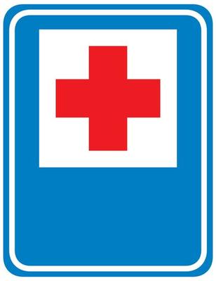 Hospital red cross traffic sign isolated on white background