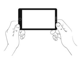 Hold smartphone in hands. Black and white illustration vector