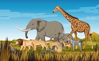 Grupo de animales salvajes africanos en la escena del bosque vector