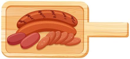 Many sausages are on cutting board in cartoon style isolated on white background vector