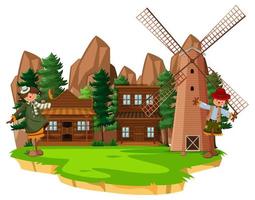 Farm with red barn and windmill on white background vector