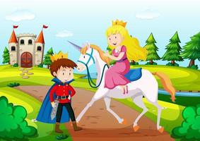 Prince and princess in fairytale land scene vector