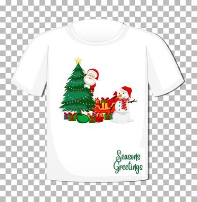 Santa Claus cartoon character with Christmas theme element on t-shirt on transparent background