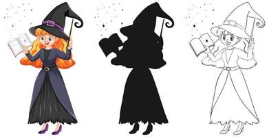 Young beautiful witch holding magic wand and book in color and outline and silhouette isolated on white background vector