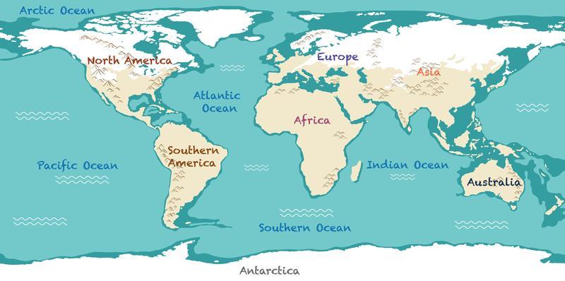 World map with continents names and oceans