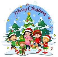 Merry Christmas font with children wearing Christmas costume vector