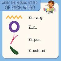 Write the missing letter of each word worksheet for children vector