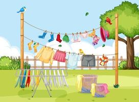 Clothes hanging on line in the yard vector