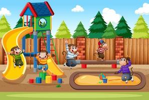 Five little monkeys jumping in the park playground scene vector