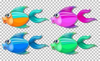 Conjunto de peces de diferentes colores con personaje de dibujos animados de ojos grandes sobre fondo transparente vector