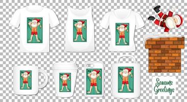 Santa claus bailando personaje de dibujos animados con un conjunto de diferentes productos de ropa y accesorios sobre fondo transparente vector