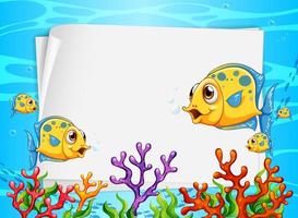 Blank paper banner with exotic fish and undersea nature elements on the underwater background vector