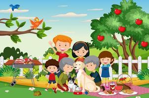 Picnic scene with happy family in the garden vector