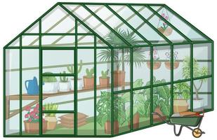 Many Plants in Greenhouse with glass wall and wheelbarrow on white background vector