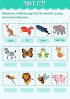 Sort the animal into the group based on how they move worksheet for kindergarten vector