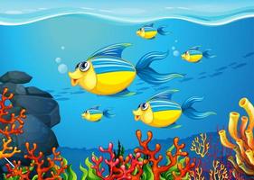 muchos personajes de dibujos animados de peces exóticos en el fondo submarino vector