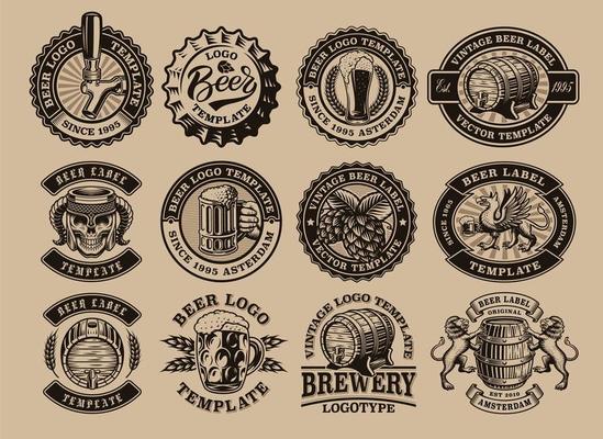 A bundle of black and white vintage beer emblems
