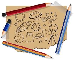 Hand drawn space elements on paper with many pencils vector