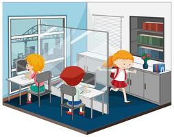 niños en la sala de computadoras con muebles vector