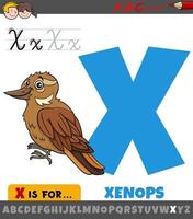 Letra x del alfabeto con dibujos animados de aves xenops vector